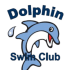 logo for Dolphin Swim Club of happy character cartoon dolphin splashing out of the water with the company name around it